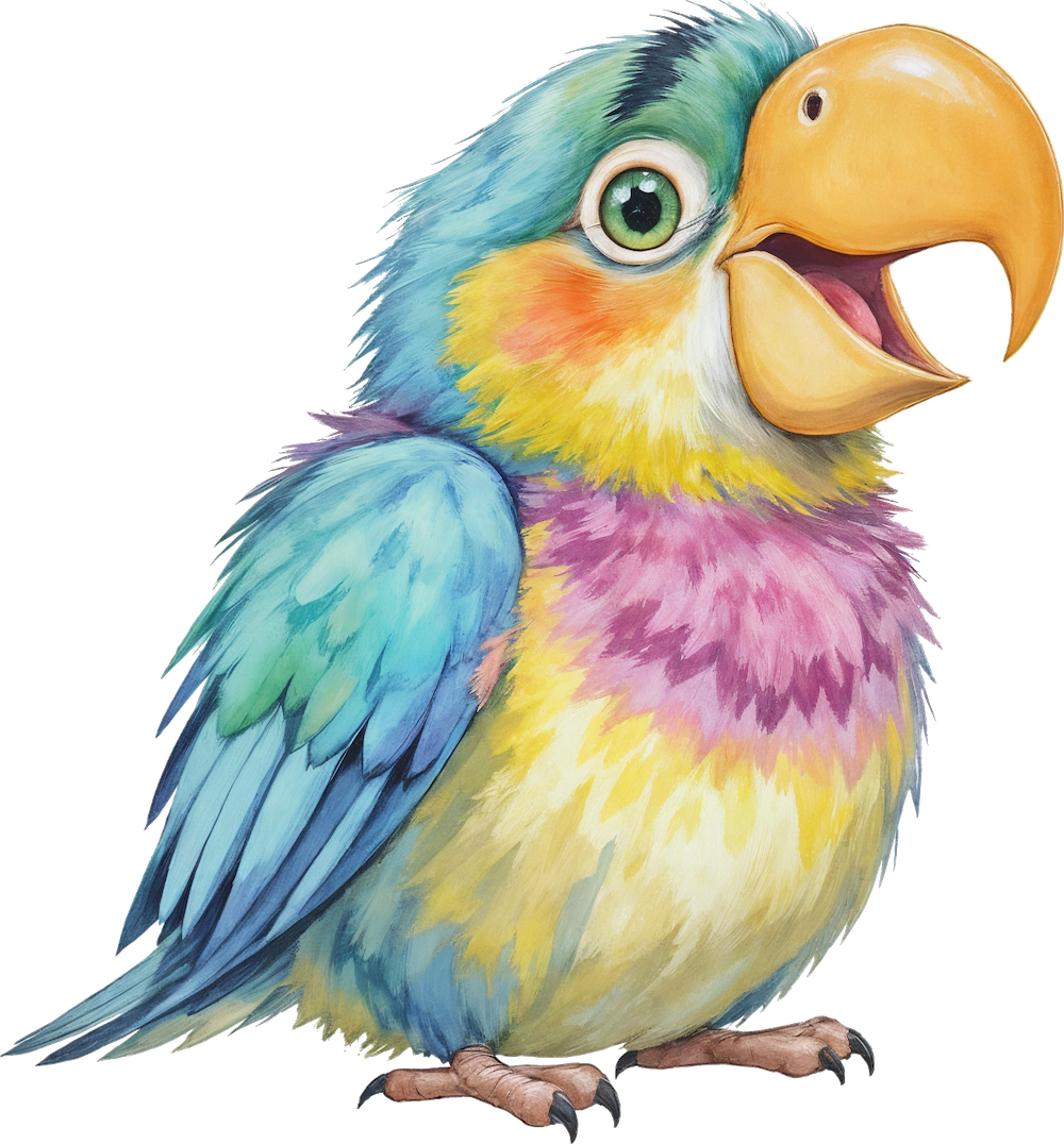 Ein bunter Aquarell-Papagei mit blauen, gelben, rosa und grünen Federn